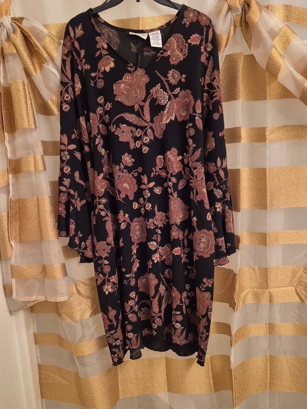 White Stag Black Long-Sleeve Dress with Rose Print